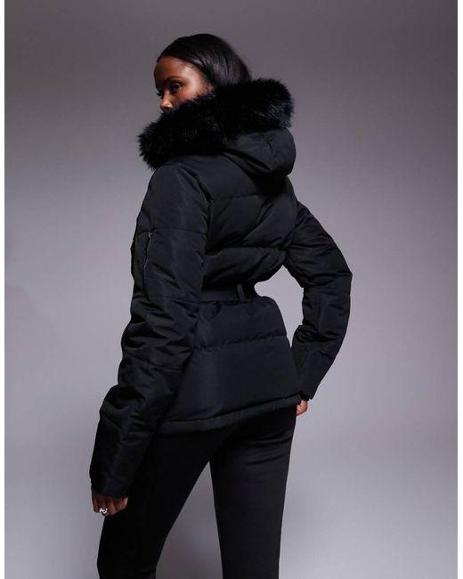 Chaqueta De Esquí Negra Acolchada Con Ribete De Piel Sintética En La Capucha De Ski Threadbare de color Blue