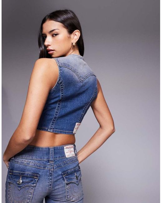 True Religion Blue Red Pigment Denim Button Through Singlet