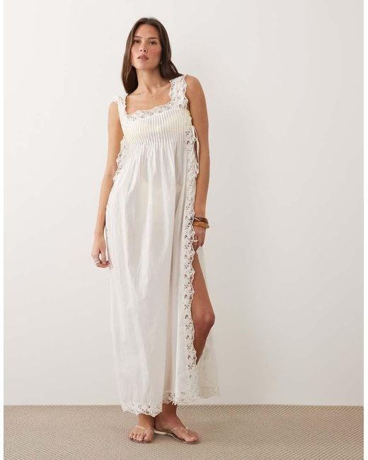 Miss Selfridge White Beach Lace Trim Square Neck Tie Side Maxi Cover Up