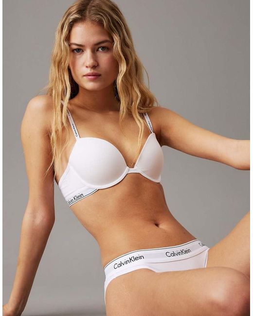 Calvin Klein White Modern Cotton Lightly Lined Demi Underwire Bra With Logo Strap
