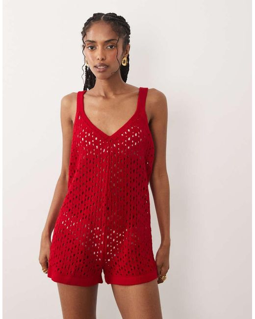 Miss Selfridge Red Crochet Playsuit