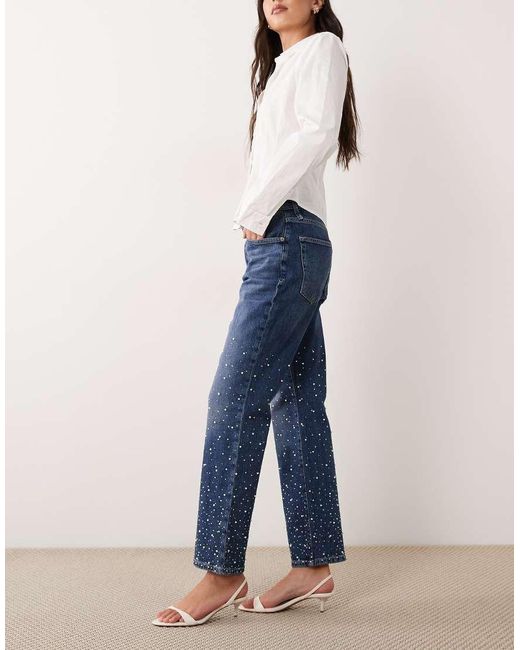 GOOD AMERICAN Blue Good Waist Icon Straight Leg Cropped Pearl Jeans