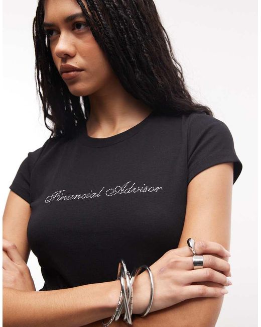 I.AM.GIA Black Odezia 'Financial Advisor' Diamante Graphic Cap Sleeve Fitted Tee