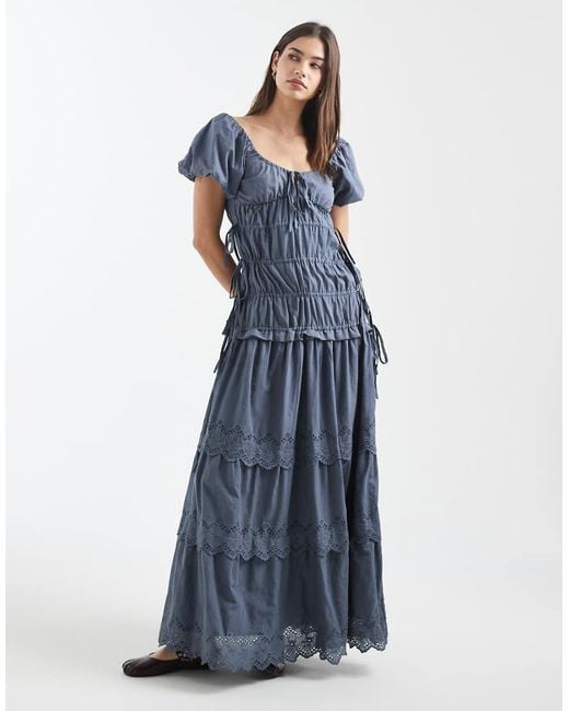 Daisy Street Blue Broderie Shirred Maxi Dress With Puff Sleeves