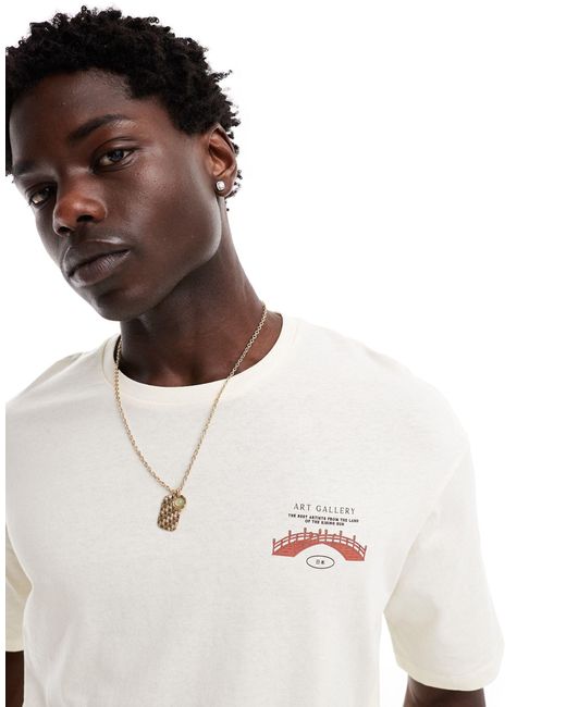 T-shirt oversize color crema con stampa di galleria d'arte giappone sulla schiena di SELECTED in White da Uomo