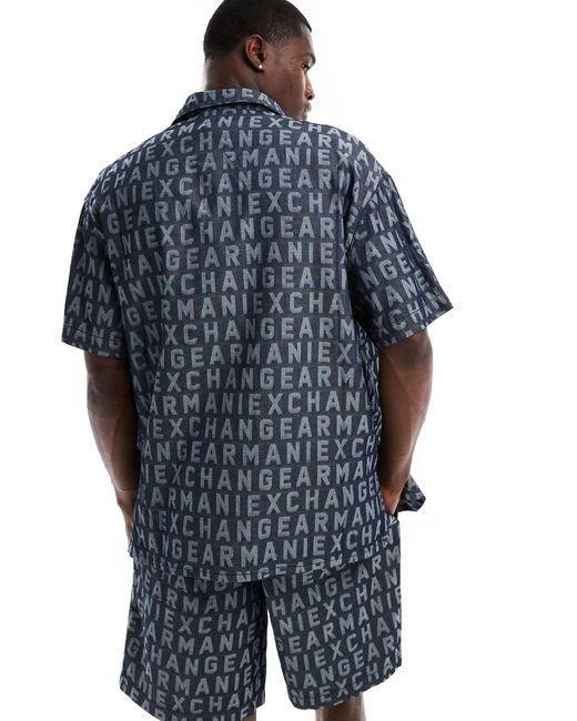 Armani Exchange Blue All Over Jacquard Logo Short Sleeve Shirt for men
