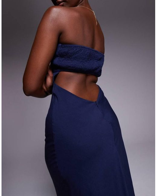 Princess Polly Blue Yahir Linen Bandeau Shirred Back Cut Out Detail Maxi Dress