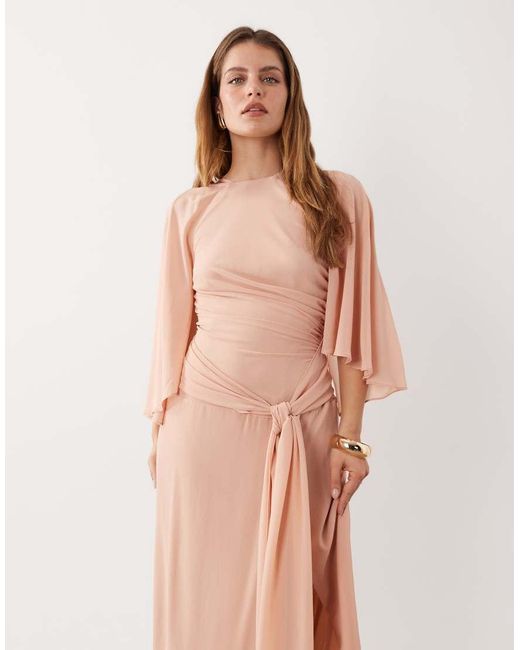 TFNC London Pink Bridesmaids Cape Chiffon Maxi Dress With Tie Front