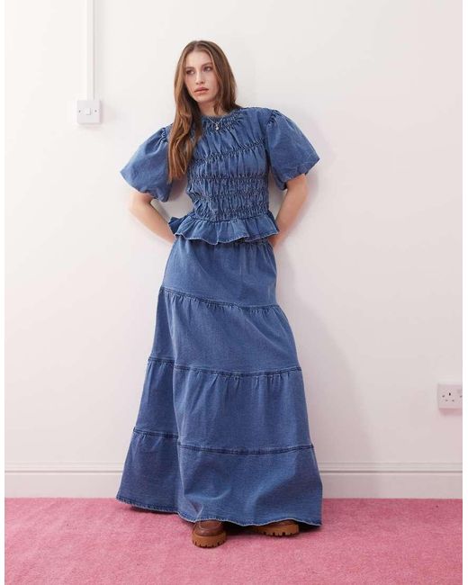 Top Con Maniche A Sbuffo Arricciato di Reclaimed (vintage) in Blue