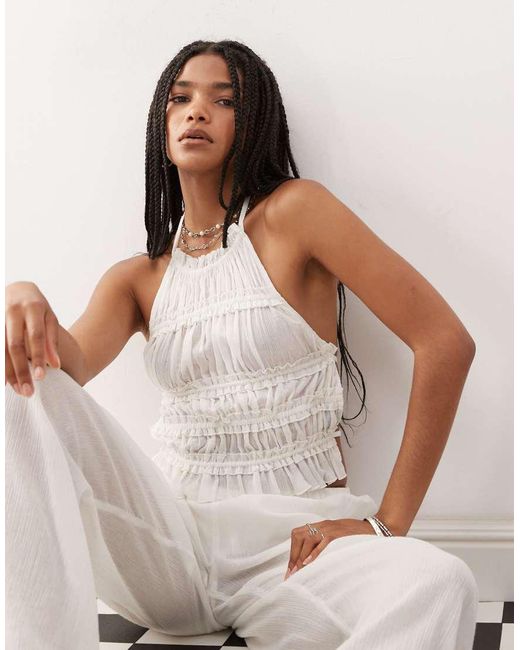 Collusion White Textured Halter Neck Backless Top