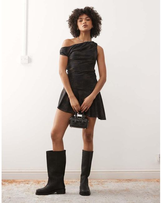 Motel Natural Tohari Off Shoulder Aysmetric Ruffle Mini Dress