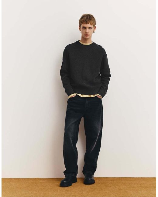 Pull&Bear Black Structured Round Neck Sweater for men