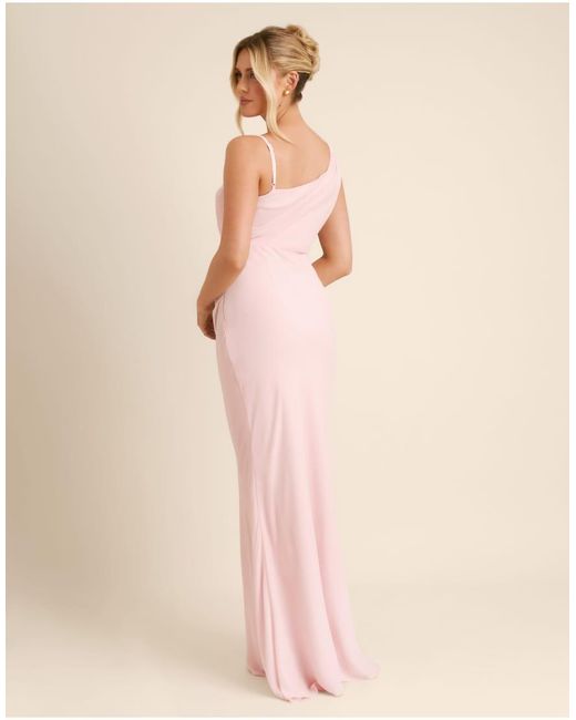 Six Stories Pink Bridesmaid Crepe Asymmetric Cowl Neck Maxi Dress
