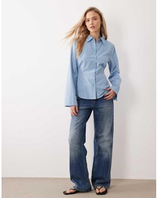 JJXX Blue Long Sleeve Poplin Shirt With Tie Detail