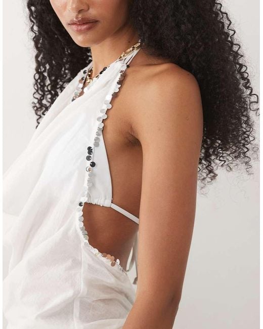 Mango White Marea Embellished Halter Neck Beach Top