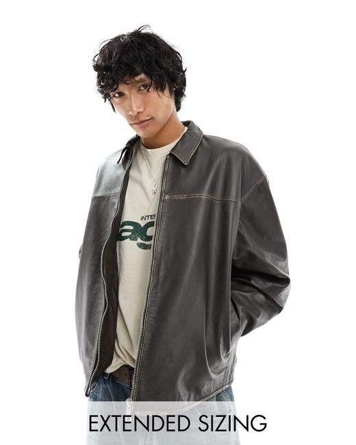 ASOS Gray Real Leather Oversized Distressed Coach Jacket for men