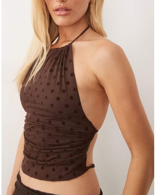 ASOS Brown Co-ord Flocked Polka Dot Blouson Halter Neck Top