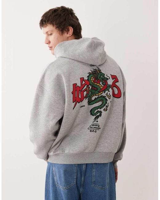 ASOS Gray Extreme Oversized Boxy Hoodie With Dragon Print for men