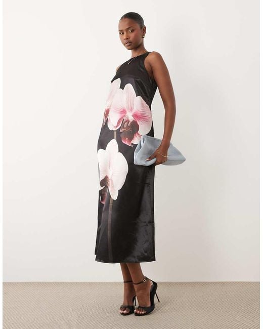 Y.A.S White Placement Orchid Print Satin Racer Maxi Dress