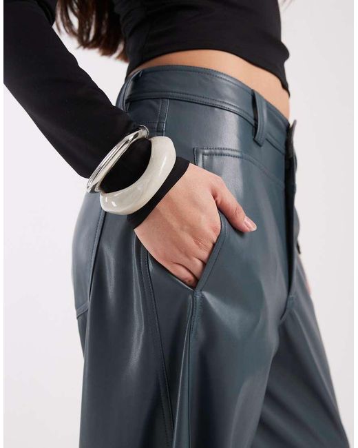ASOS Blue Faux Leather Barrel Leg Trousers With Seam Detail