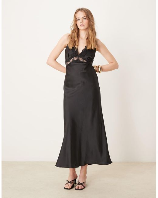 OMNES Black Aurelia Lace Trim Satin Maxi Dress