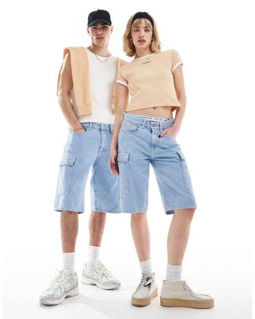 Pantaloncini skater unisex cargo anni '90 lavaggio chiaro di Calvin Klein in Blue