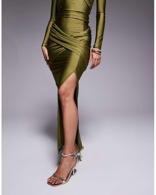 Ruched & Ready Brown Looked Twice Sculpted High Shine Drape Front Thigh Split Maxi Skirt Co-Ord
