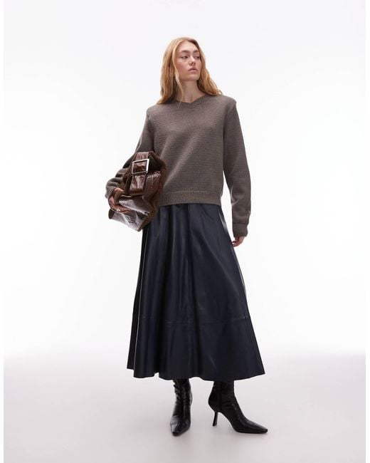 ASOS Gray Knitted High V Neck Jumper With Shoulder Pads