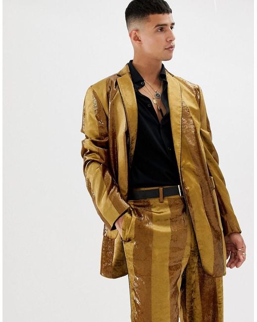 Oversized Suit Jacket In Tonal Velvet Mustard Stripe
