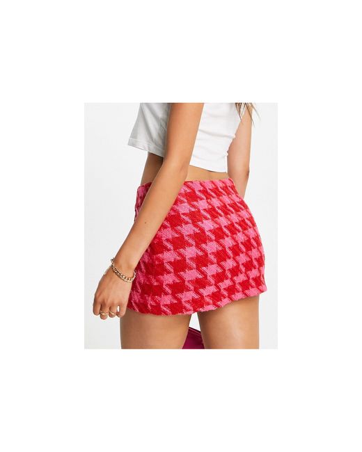 TOPSHOP Red Houndstooth Tweed Miniskirt