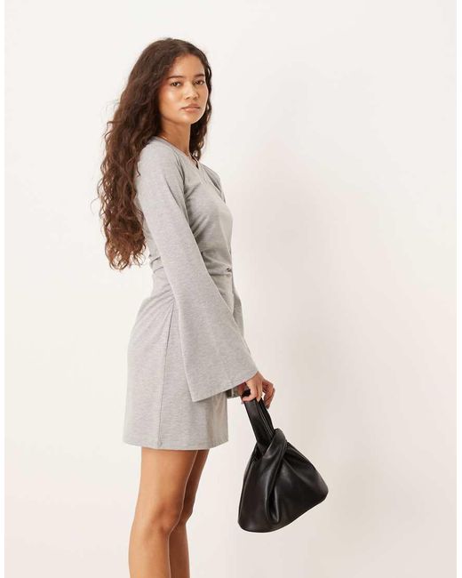 ASOS Gray High V Neck Cinched Side Flare Sleeves Mini Dress
