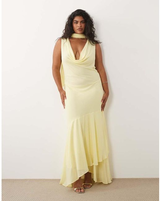 Tfnc Plus Yellow Bridesmaids Chiffon Cowl Neck Scarf Detail Midi Dress