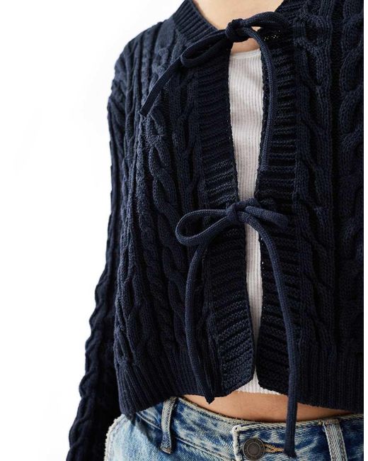 ASOS Blue Tie Front Cardigan With Cable Stitch