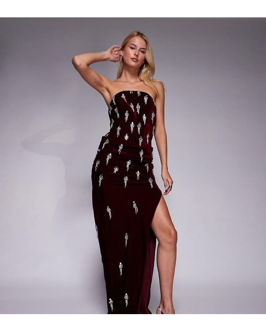 Vestido Largo Estilo Corsé De Terciopelo Con Abalorios Y Falda Superior Drapeada De Asos Design Tall-Rojo ASOS de color Purple