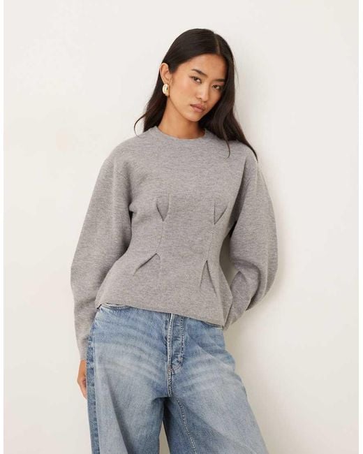Gina Tricot Gray Long Sleeve Sculpted Crew Neck Knitted Peplum Sweater