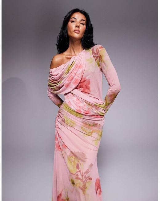 ASOS Pink Long Sleeve Slouchy Bardot Mesh Mix Maxi Dress