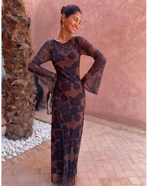 Never Fully Dressed Brown Mesh Long Sleeved Crew Neck Maxi Dress