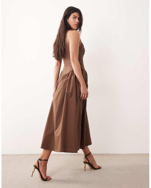 Kaiia Brown Exclusive Cotton Poplin Racerneck Gathered Waist Maxi Dress