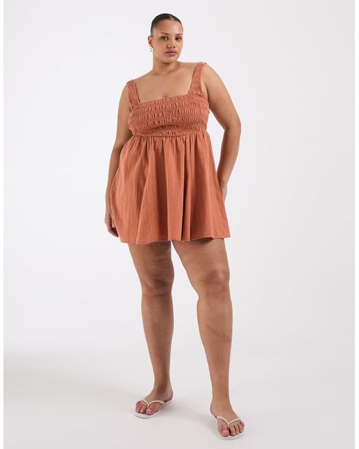 ASOS Orange Asos Design Curve Selina Beach Textured Cotton Shirred Mini Sundress