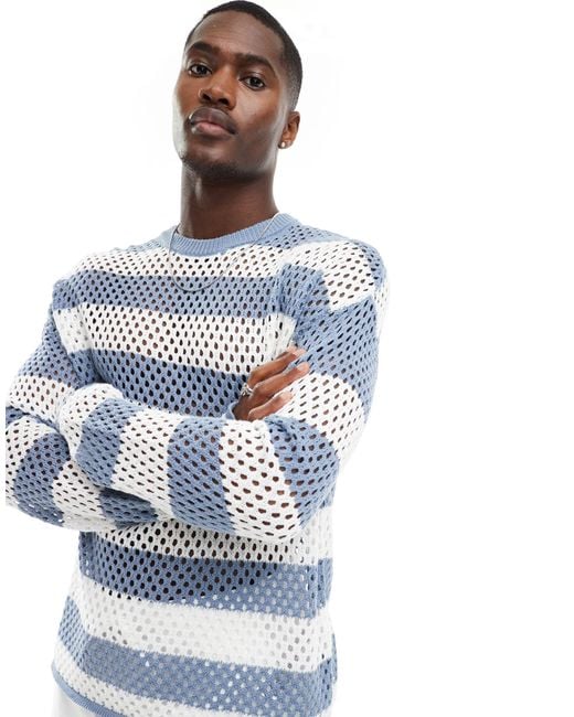 Bershka Blue Crochet Stripe Knitted Long Sleeve Jumper for men