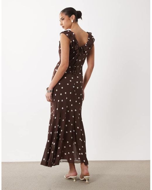 Gina Tricot Brown Off The Shoulder Maxi Asymmetric Frill Dress