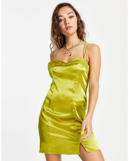 TOPSHOP Seamed Satin Slip Mini Dress in Yellow - Lyst