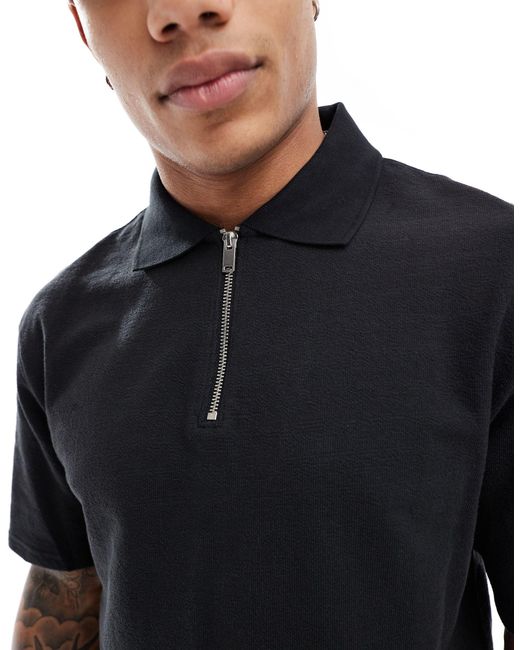 Camicia polo blu con colletto con zip di River Island in Black da Uomo