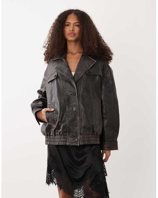 Mango Black 100% Leather Oversized Jacket
