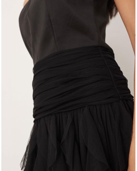 LACE & BEADS Black Bardot Drop Hem Ruffle Maxi Dress