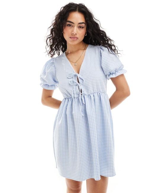 Miss Selfridge Blue Puff Sleeve Gingham Mini Dress With Tie Front Detail