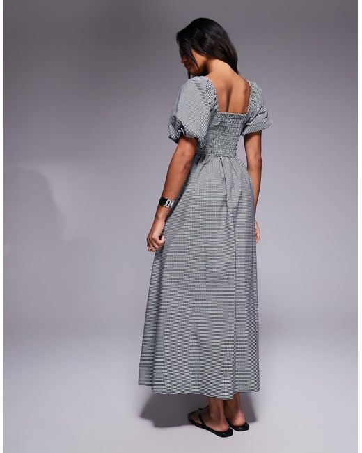 River Island Midi Jurk Met Pofmouwen, Afwerking En Gingham Ruit in het Gray