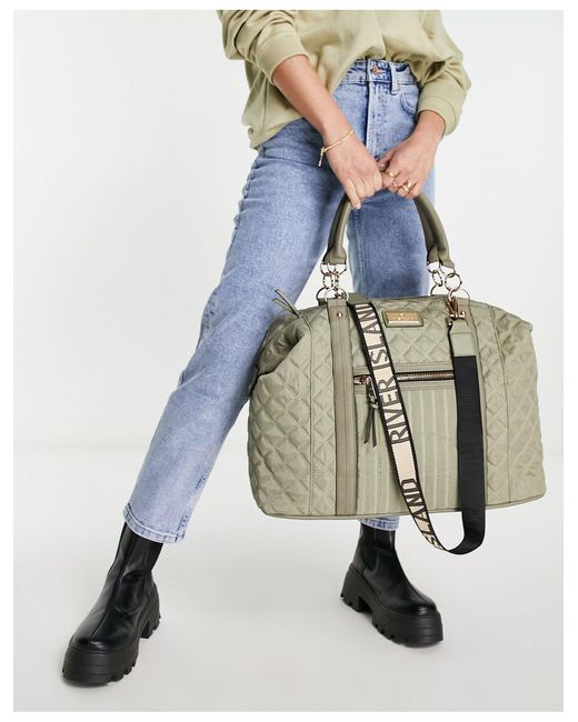 River Island Green Quilted Satin Holdall Weekend Bag