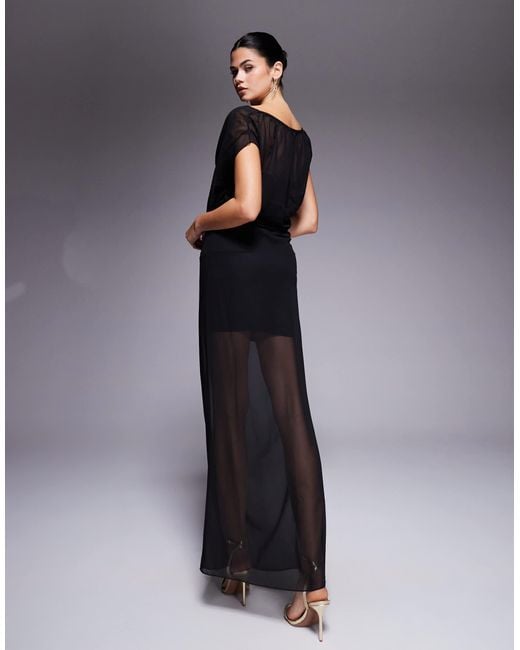 Robe bandeau longue en mousseline avec cape, ourlet transparent et taille froncée Fashionkilla en coloris Black