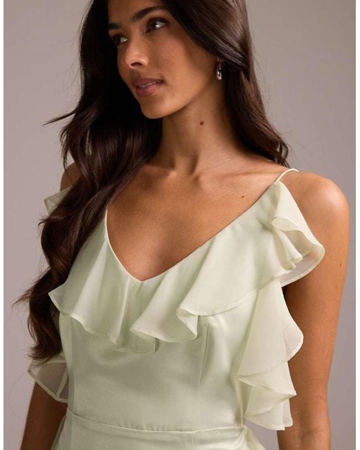 ASOS Natural Bridesmaids Satin Chiffon Ruffle Maxi Dress With Godet Skirt